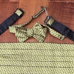 Robert Talbott Protocol‎ Pure Silk Formal Gold/Gray Cummerbund & Bow-Tie  Set